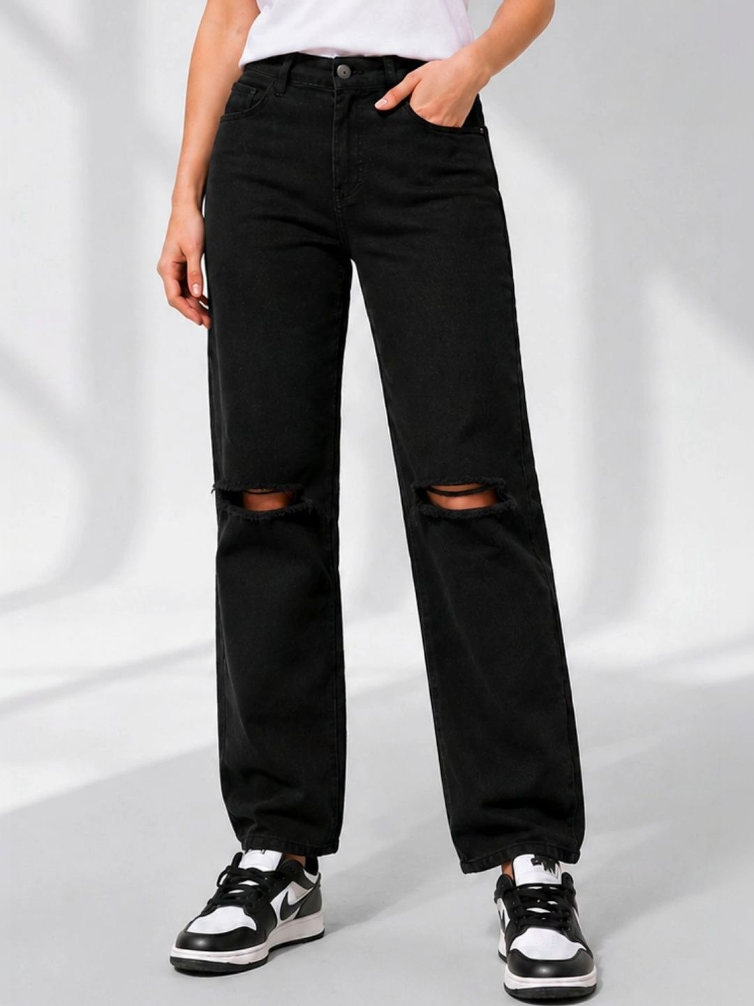 HERE&NOW Women Classic Straight Fit Mid-Rise Highly Distressed Stretchable Jeans-picture-22