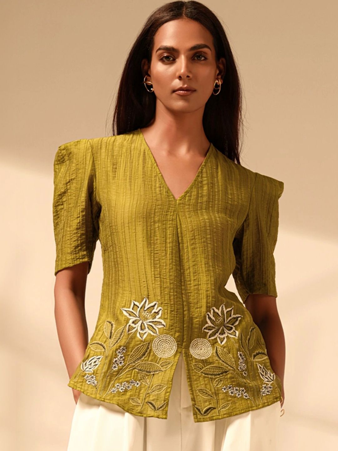 SHECZZAR Floral Embroidered Puff Sleeve Ethnic Chiffon Top-picture-53