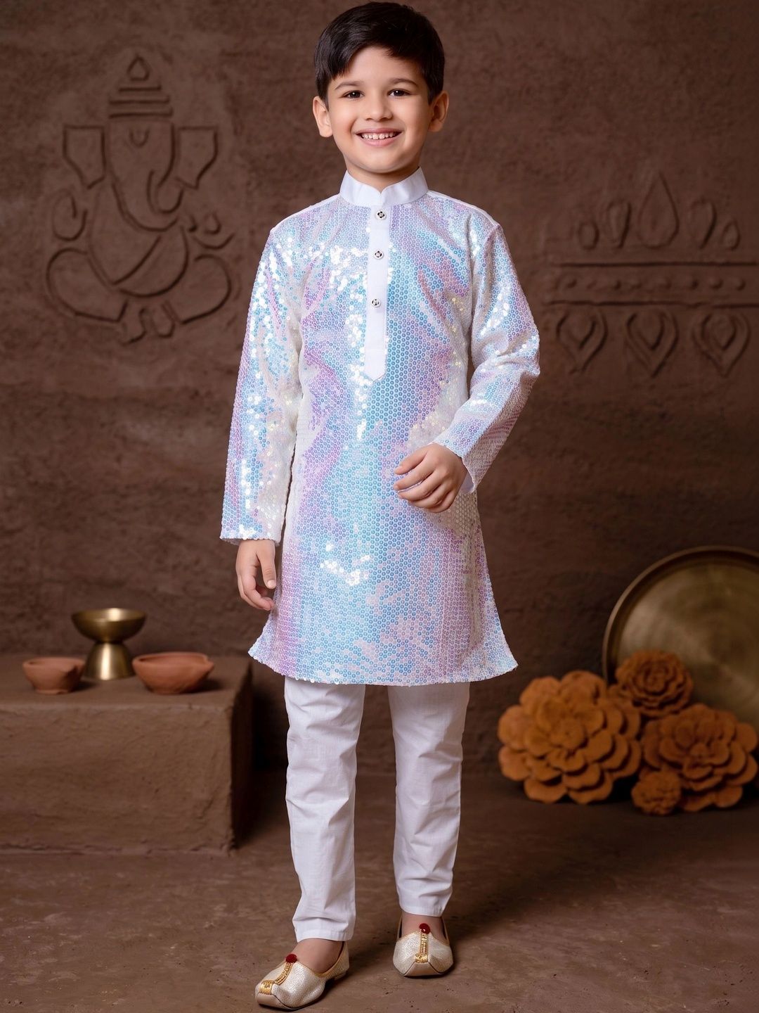 NFC CREATION Boys Regular Sequinned Dupion Silk Kurta with Trousers-picture-49