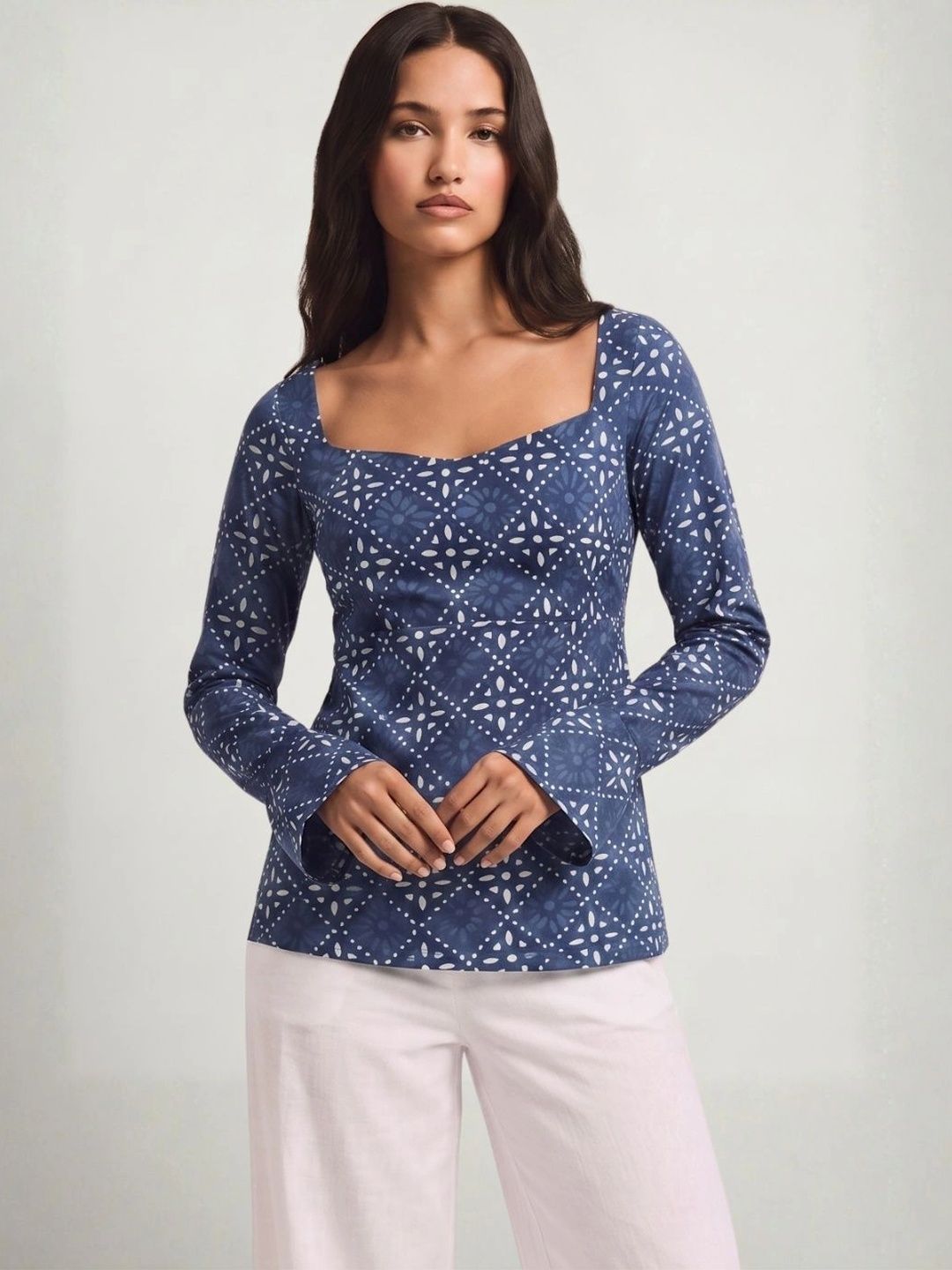 NISHORAMA Geometric Printed Square Neck Flared Sleeves Pure Cotton Kurti-picture-37