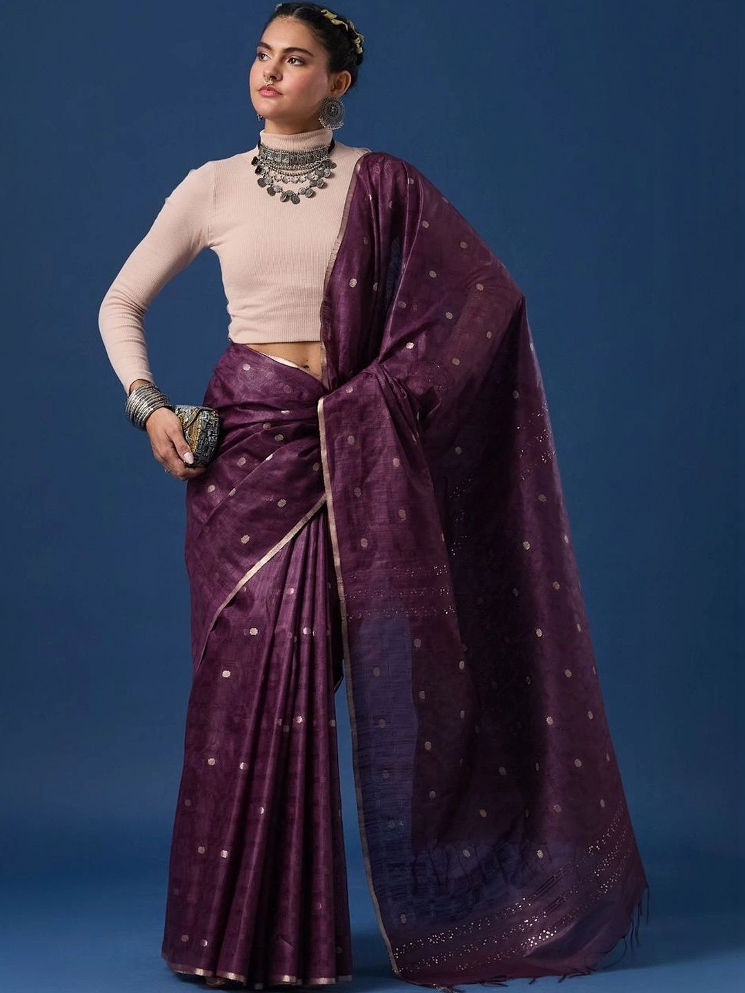 Taavi Women Silk Blend Handloom Saree with Blouse Piece-picture-22