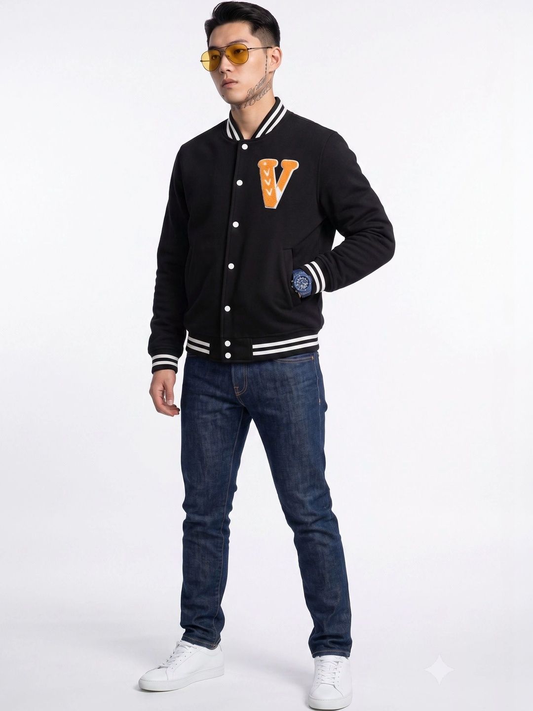 oiin Men Brand Logo Colourblocked Fleece Blend Varsity Jacket-picture-51