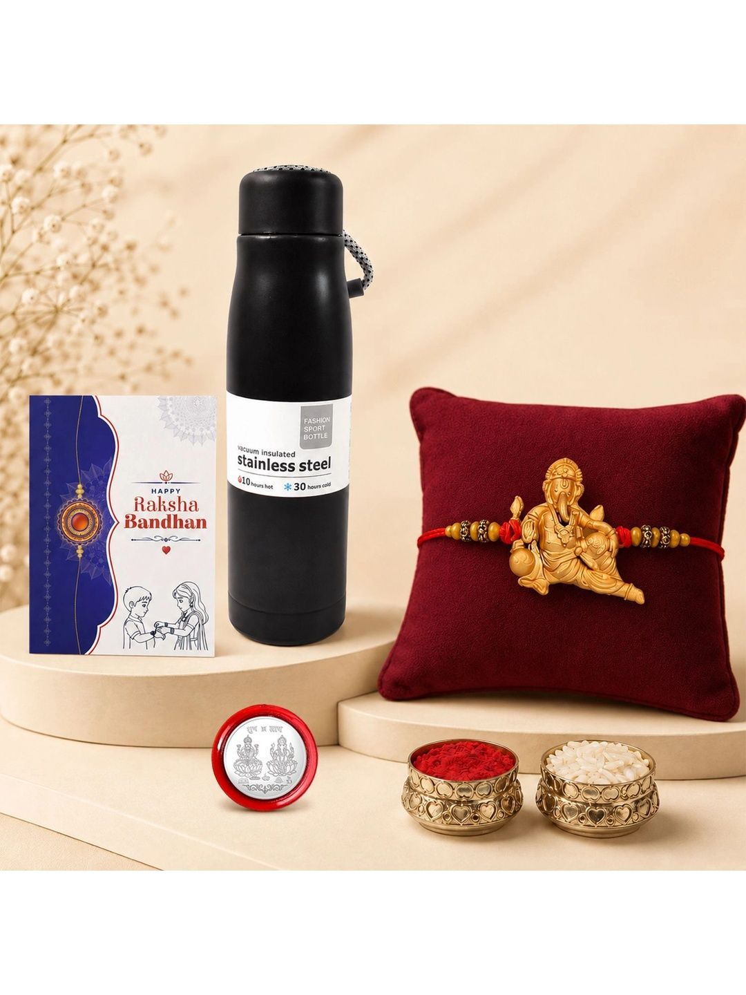 Myntra Elegant Homes Rakhi With Greeting Card Water Bottle Silver Coin & Roli Chawal-picture-30
