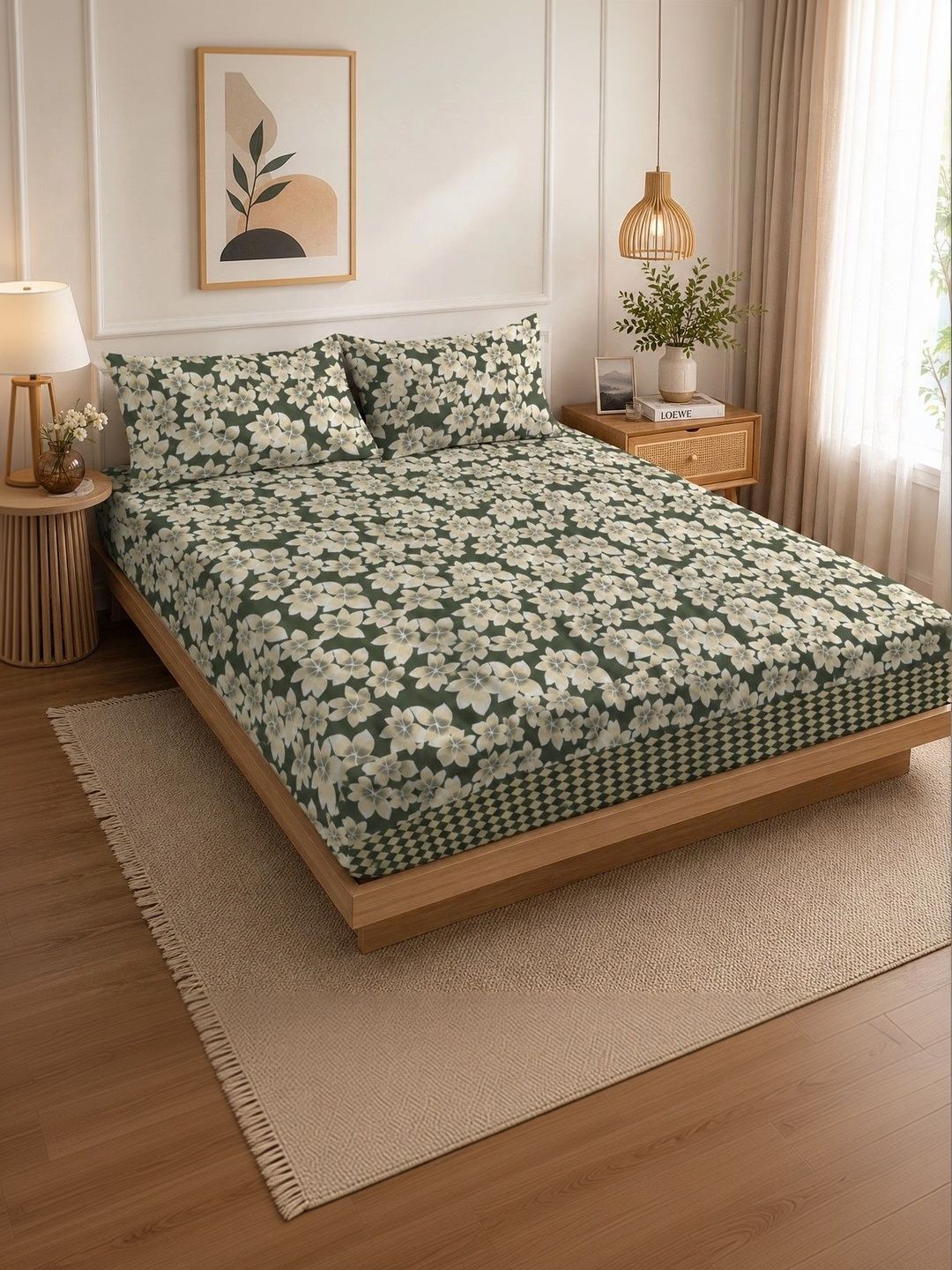 Myntra Elegant Homes Green & White Floral 350 TC King Bedsheet with 2 Pillow Covers