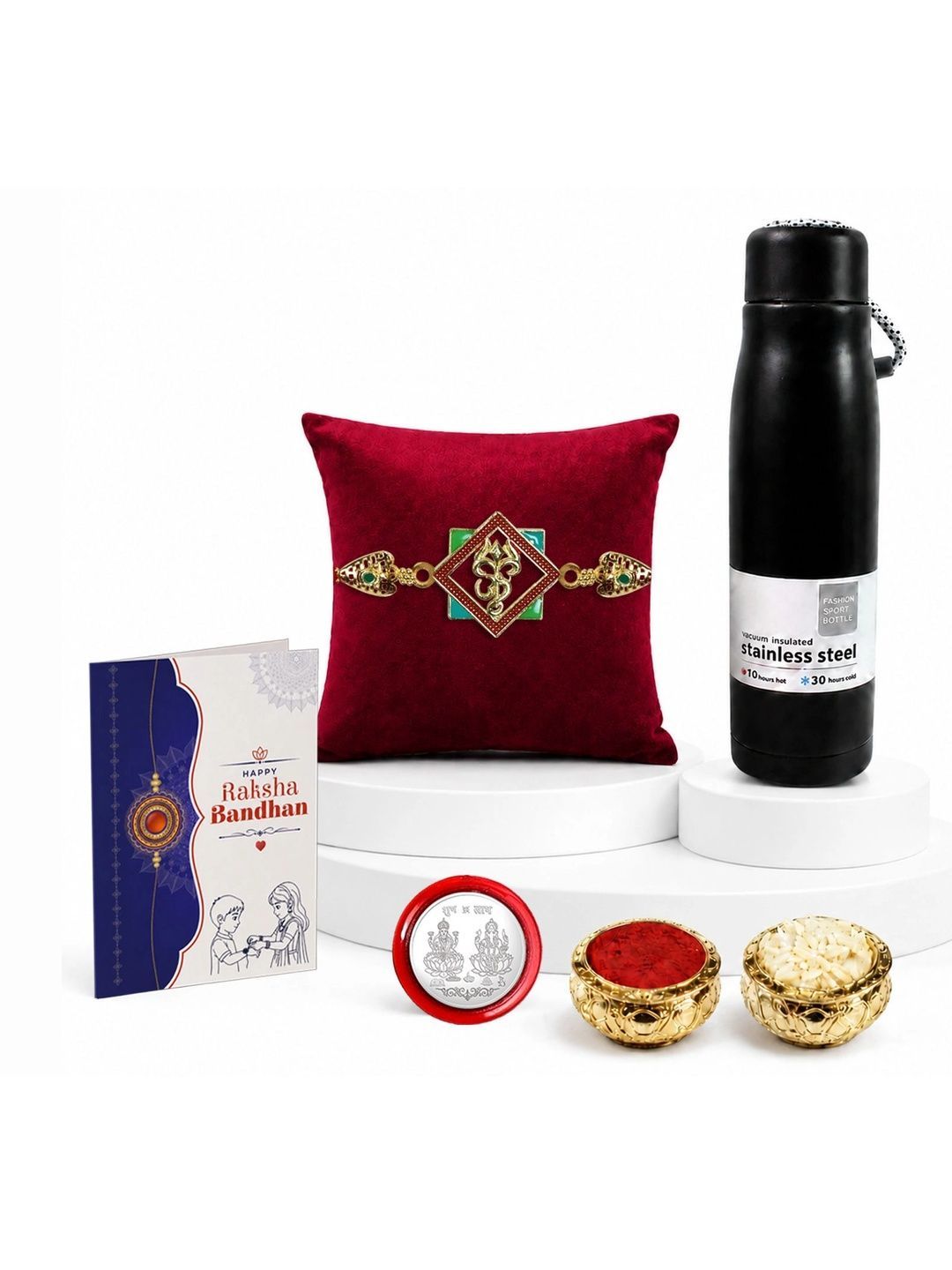 Myntra Elegant Homes Rakhi With Greeting Card Water Bottle Silver Coin & Roli Chawal-image-35
