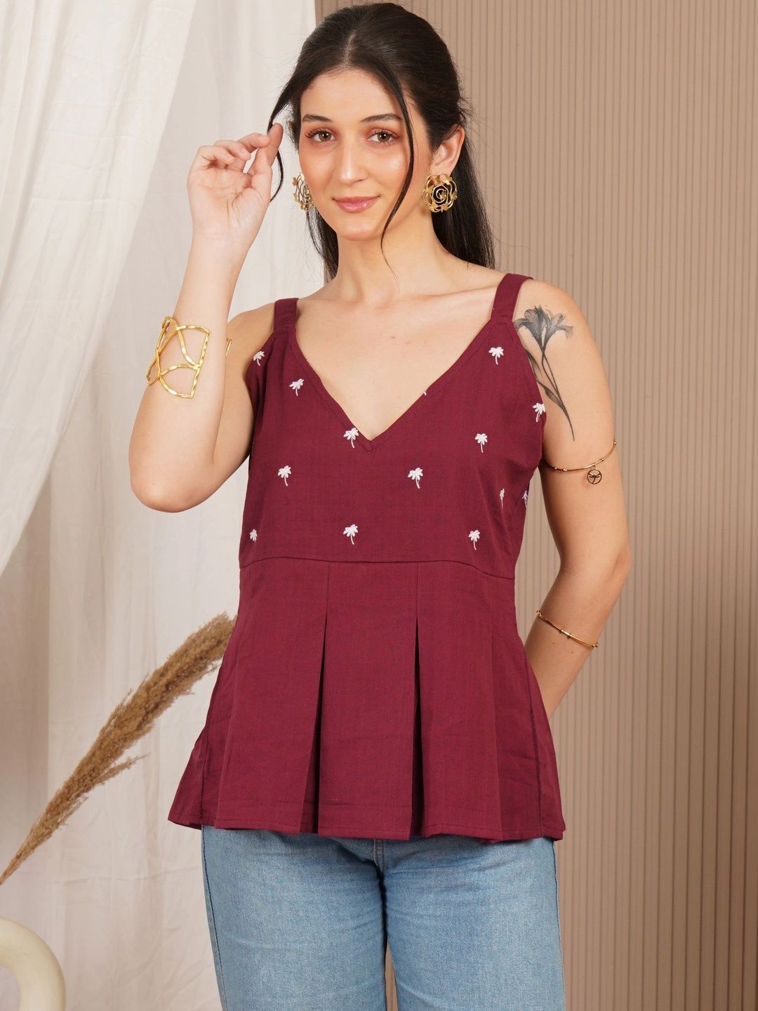 KALINI Embellished Embroidered Cotton Blend Peplum Top-picture-37