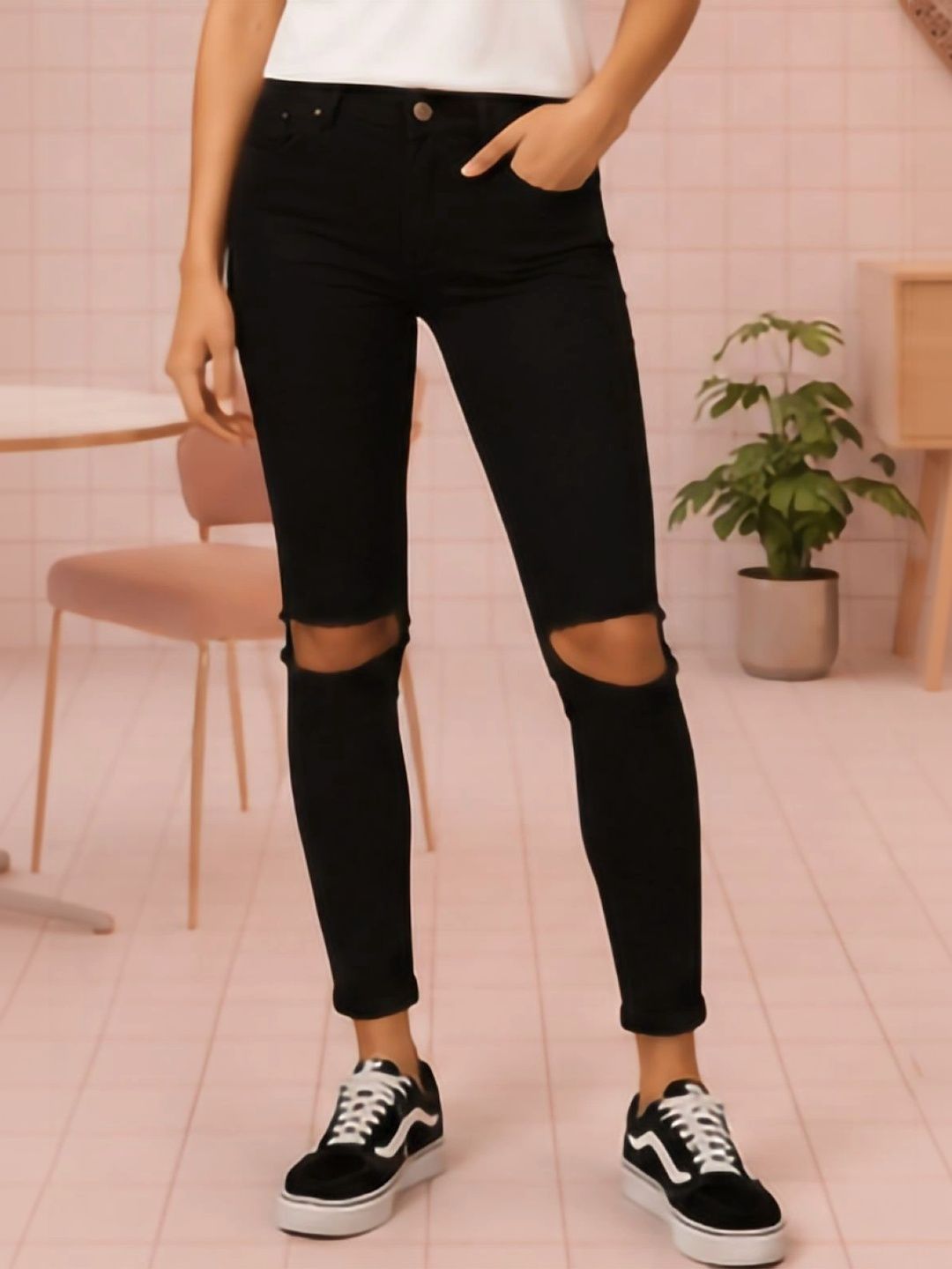 HERE&NOW Women Classic Straight Fit Mid-Rise Highly Distressed Stretchable Jeans-picture-58