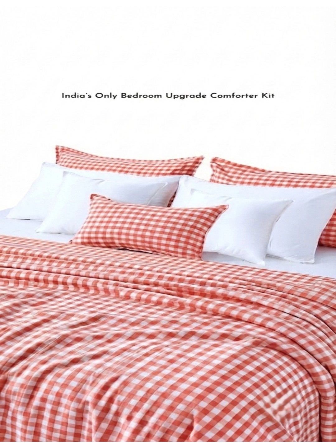 Zarf Coral & White Checked Cotton 9 Piece Double King Superfine Bedding Set-picture-18