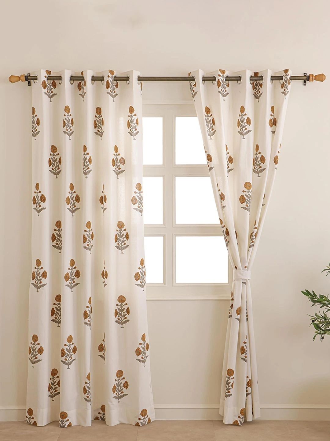 Aura Off White & Mustard Set of 2 Floral Sheer Long Door Curtain-image-25