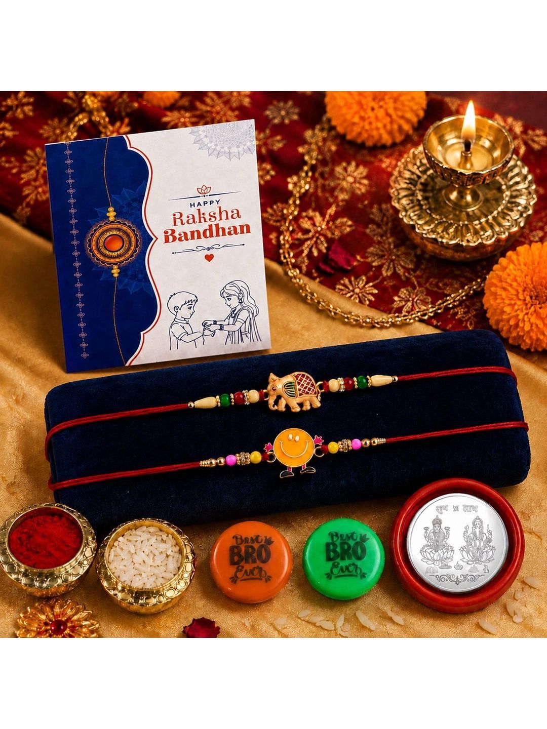 Myntra Elegant Homes Set of 8 Rakhi Gift Set With Silver Coin, Greeting Card & Roli Chawal-picture-18