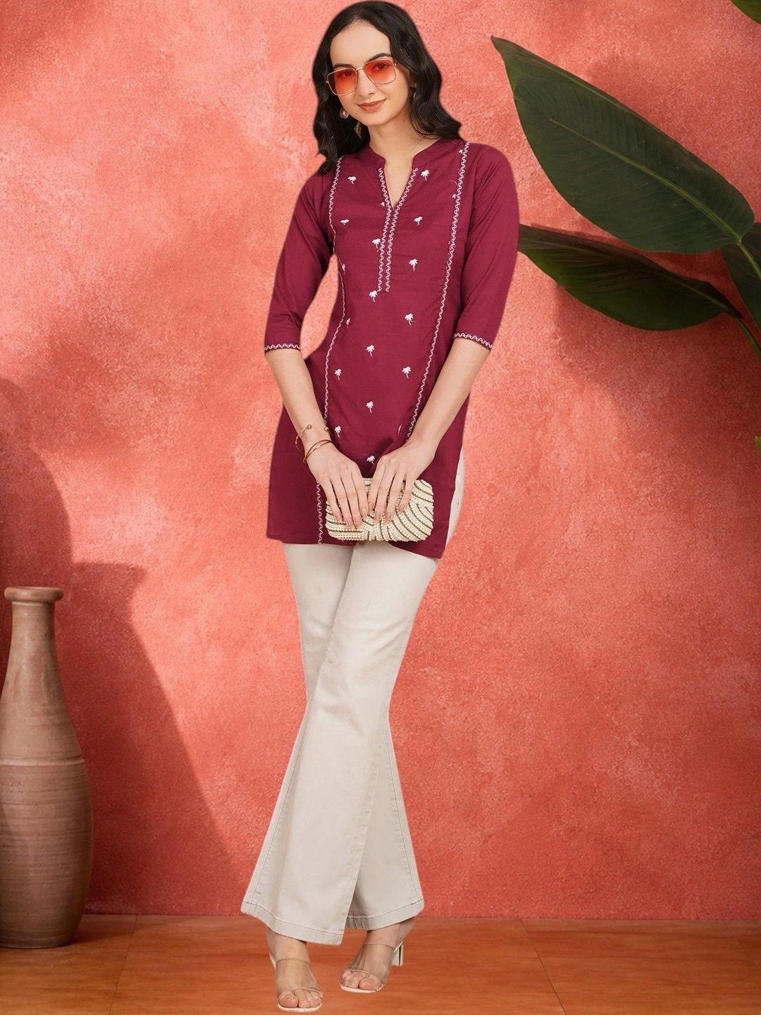 Sangria Ethnic Motifs Embroidered Thread Work Pure Cotton Blend Khadi Thread Work Kurti-picture-39