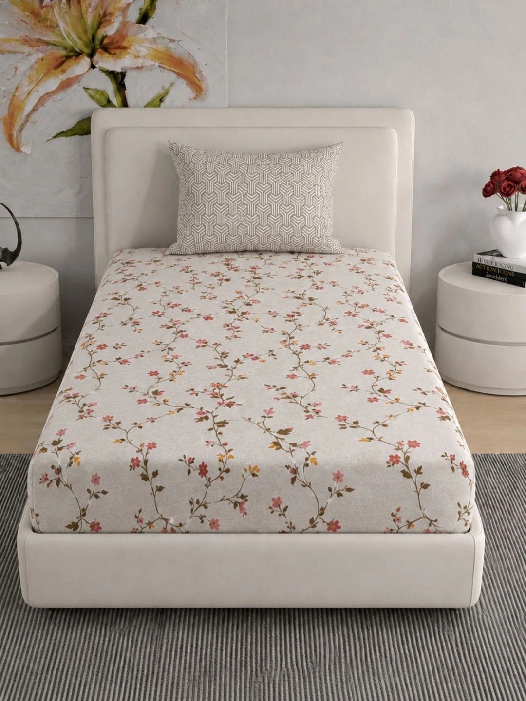 Florida Cream-Coloured & Pink Floral 120 TC Single Bedsheet with 1 Pillow Covers-image-48