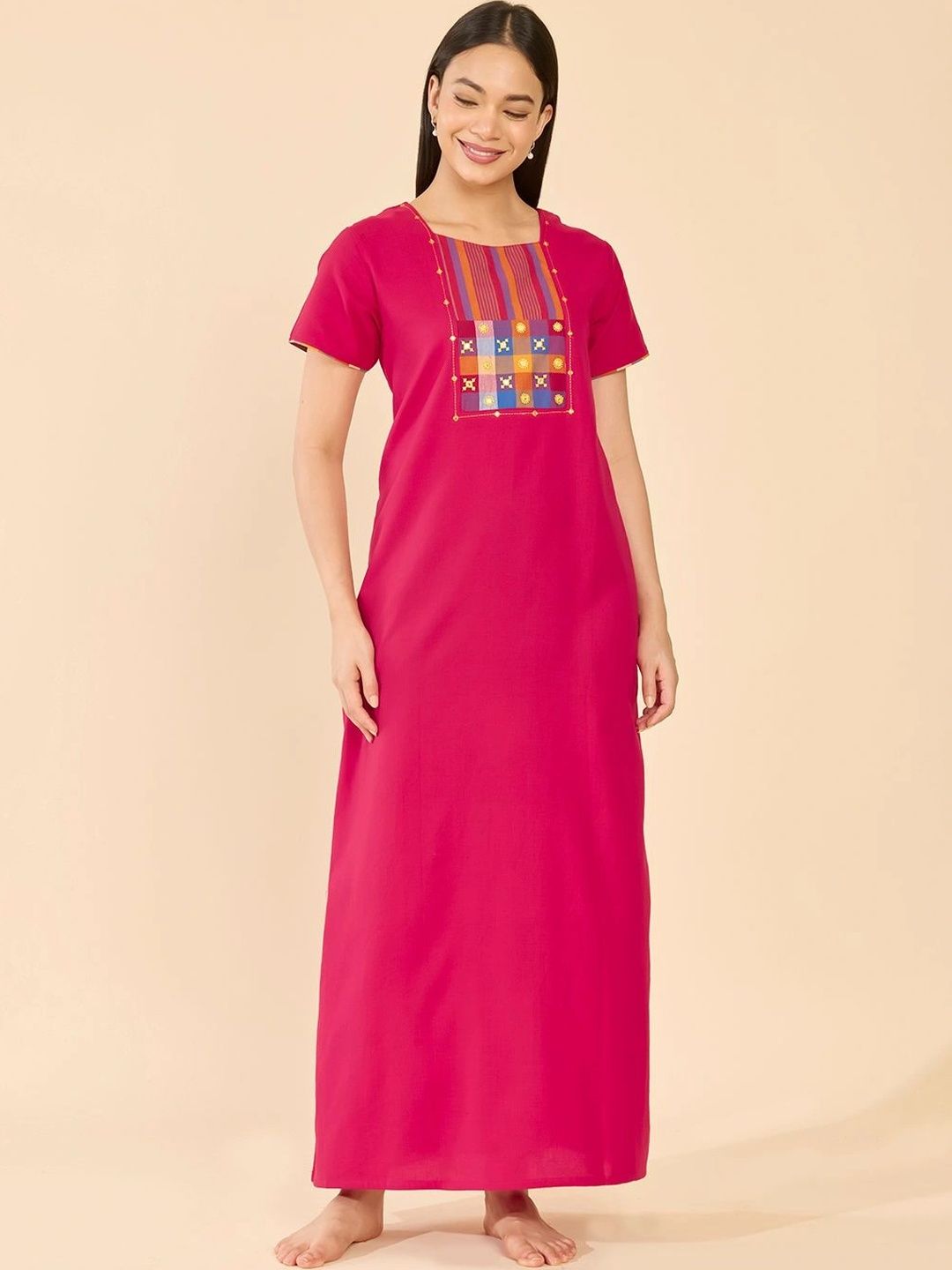 Maybell Women Maroon Solid Cotton Short Sleeve Round Neck Night Dress-picture-28