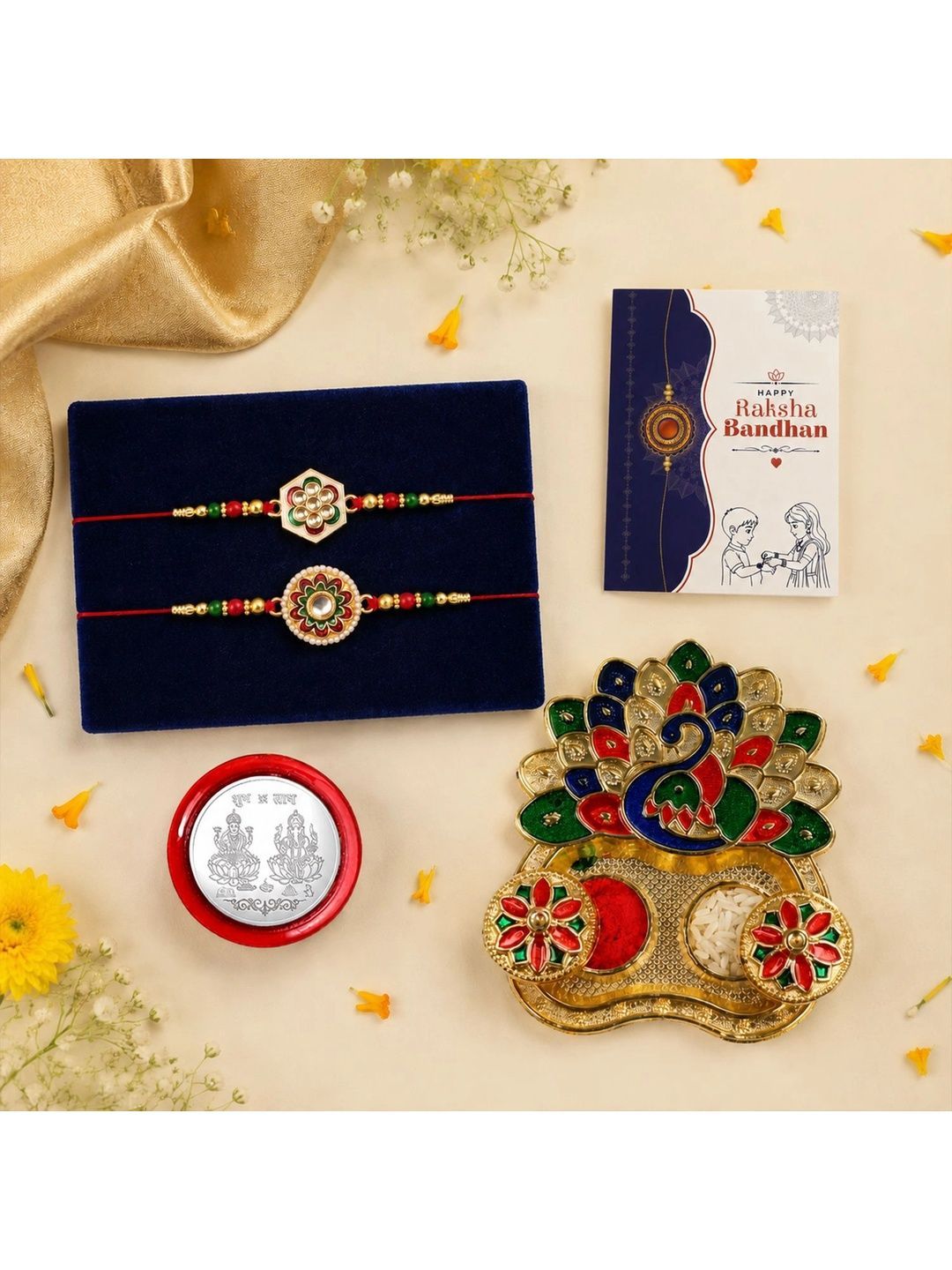 Myntra Elegant Homes Set of 7 Rakhi Gift Set With Silver Coin, Greeting Card & Roli Chawal-picture-43