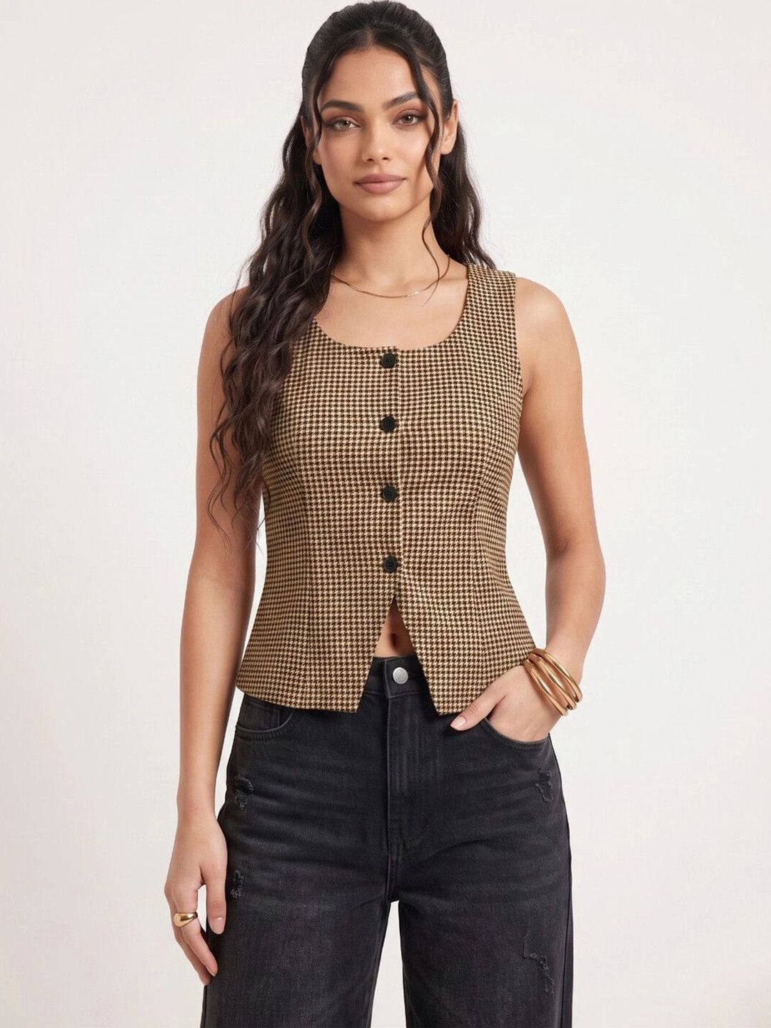 glitchez Women Brown Checked Sleeveless Button-Down Top-picture-53