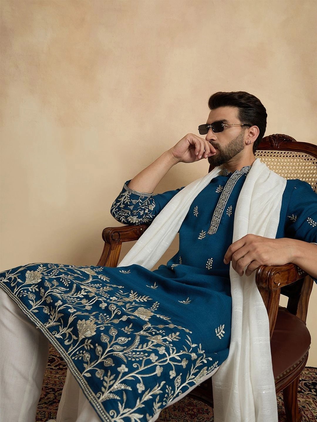 House of Pataudi Men Blue Chanderi Silk Embroidered Straight Kurta with Dupatta-image-1