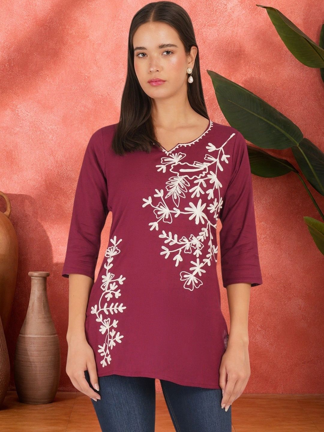 Sangria Floral Embroidered V-Neck Pure Cotton Blend Khadi Kurti-picture-15