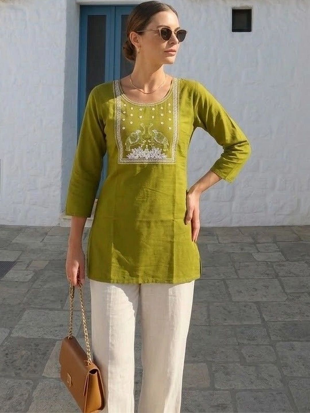 AXI COUTURE Ethnic Motifs Embroidered Boat Neck Thread Work Pure Cotton Thread Work Kurti-picture-26