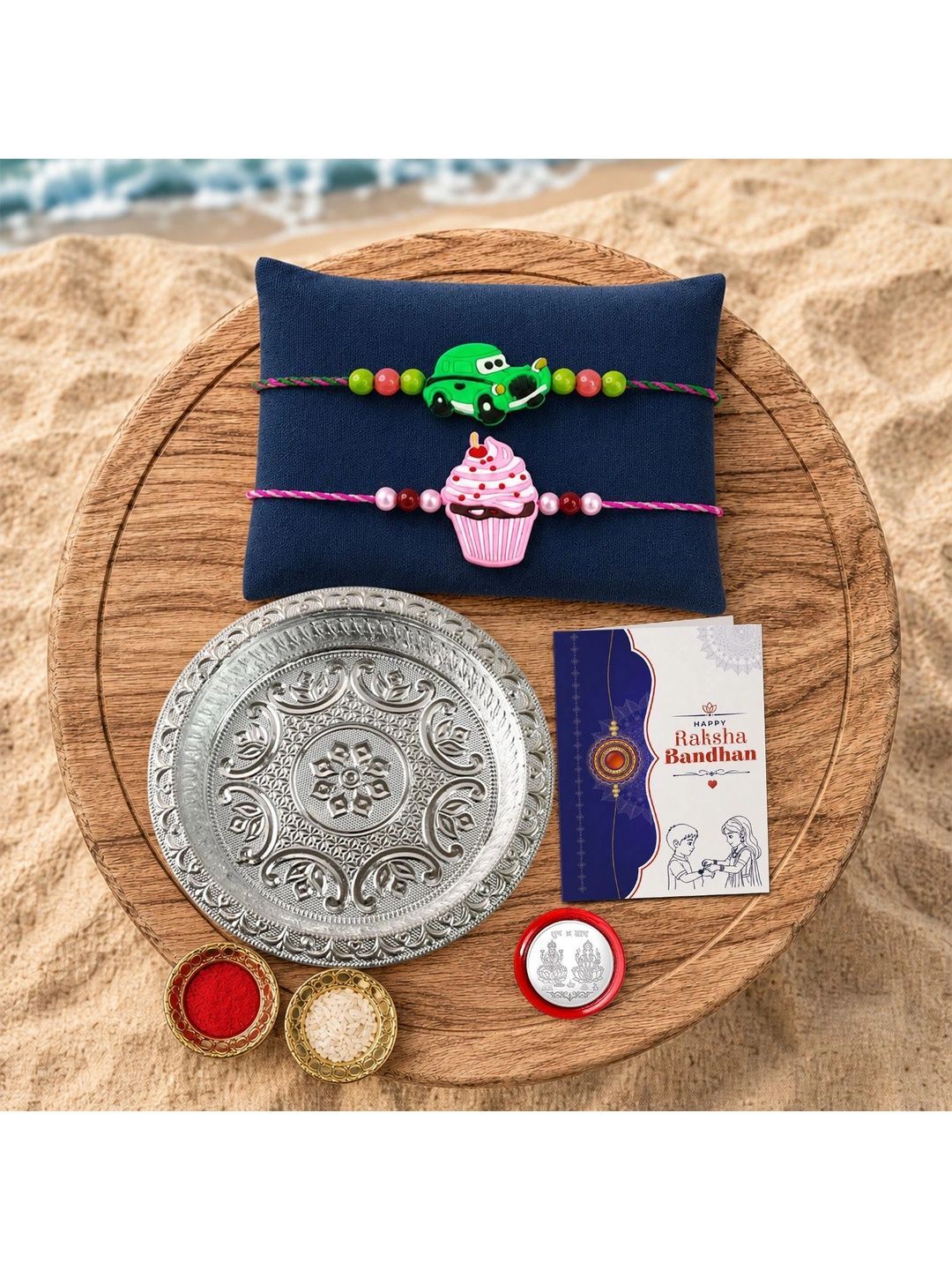 Myntra Elegant Homes Set of 7 Rakhi Gift Set With Silver Coin, Greeting Card & Roli Chawal-picture-12
