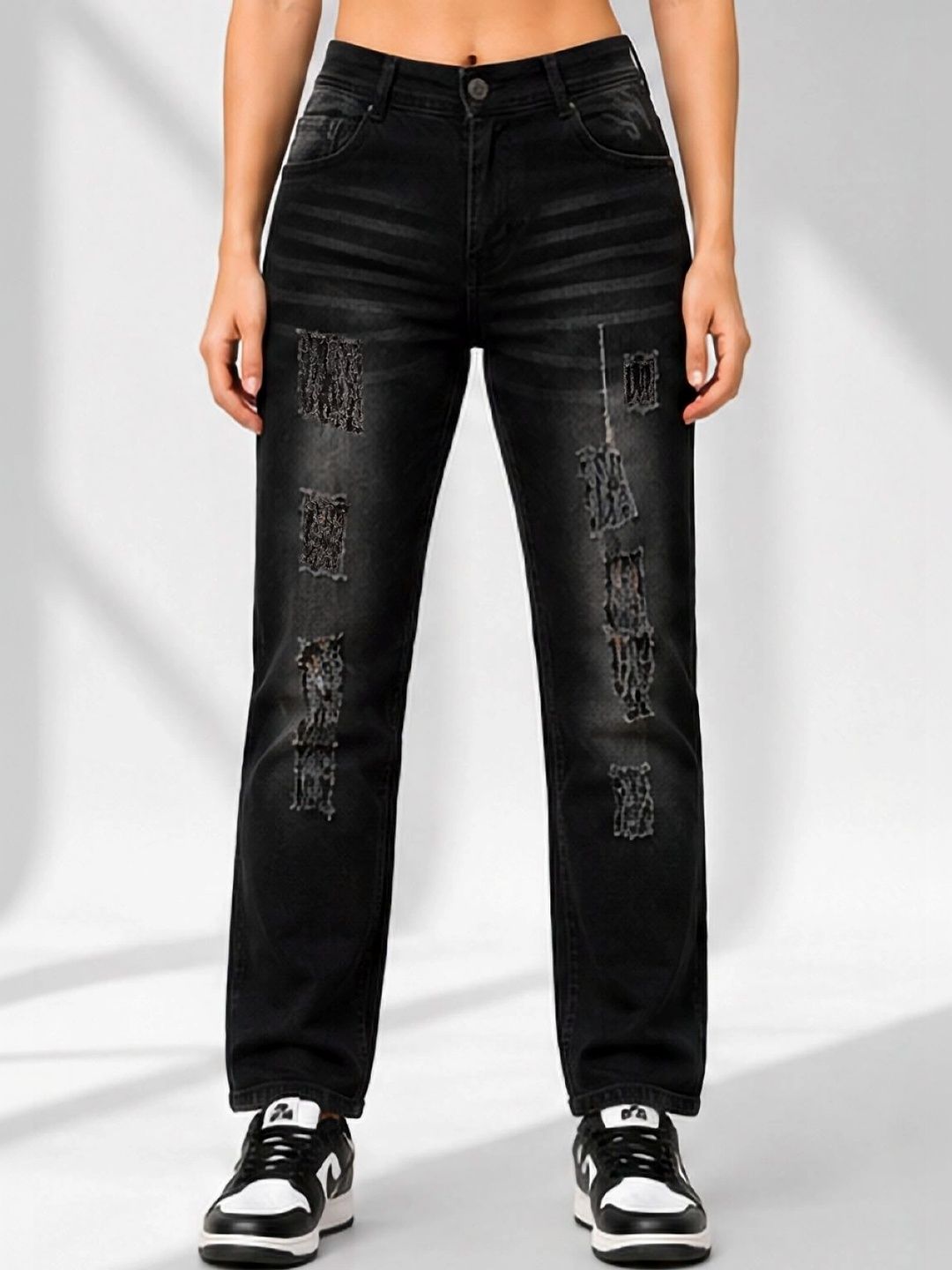 HERE&NOW Women Classic Straight Fit Mid-Rise Highly Distressed Stretchable Jeans-picture-27