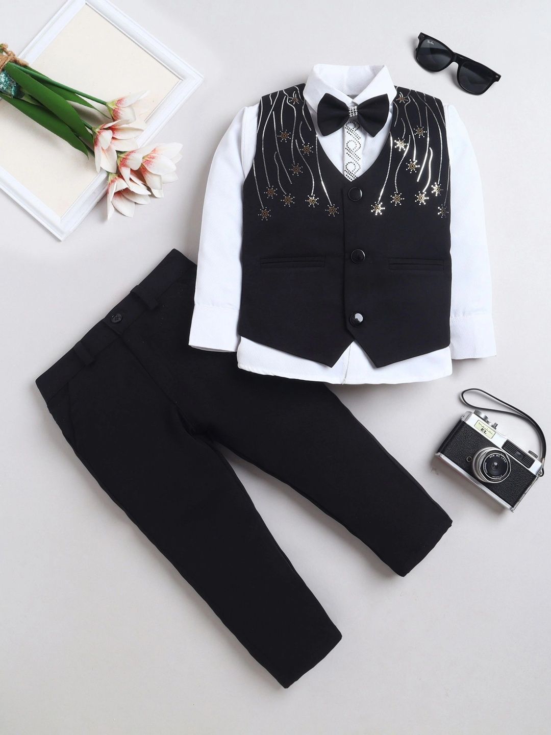 FOURFOLDS Boys Embellished Collarless Single-Breasted Three-Piece Suit-picture-39