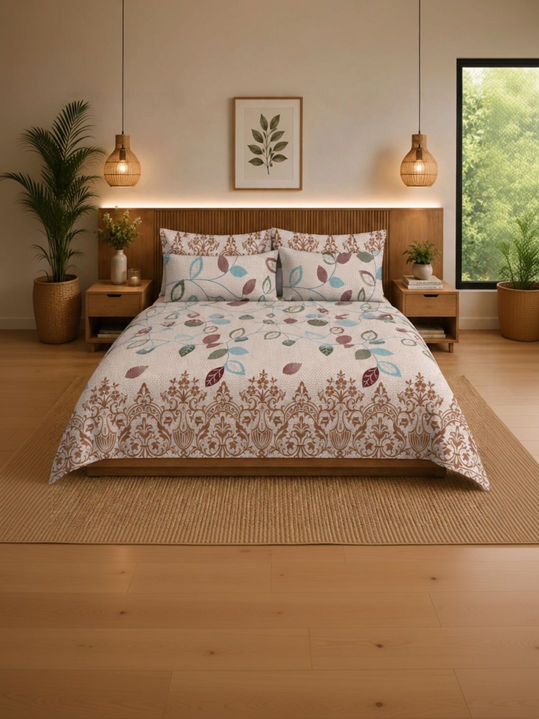ButterThread Beige & Brown 250 TC Bedsheet with 2 Pillow Covers-image-46