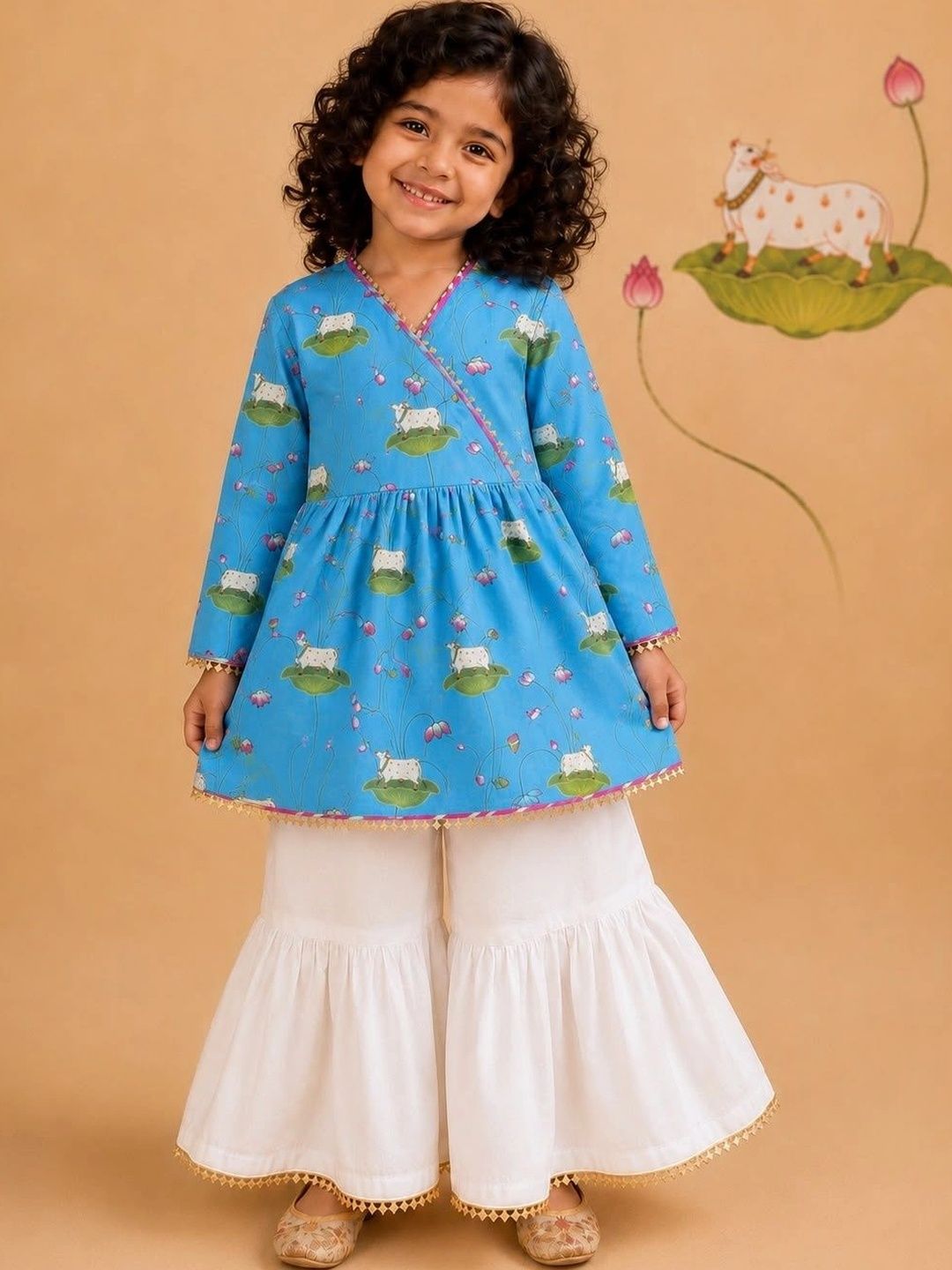Cute Couture Girls Ethnic Motifs Printed Angrakha Pure Cotton Kurti with Sharara-picture-11
