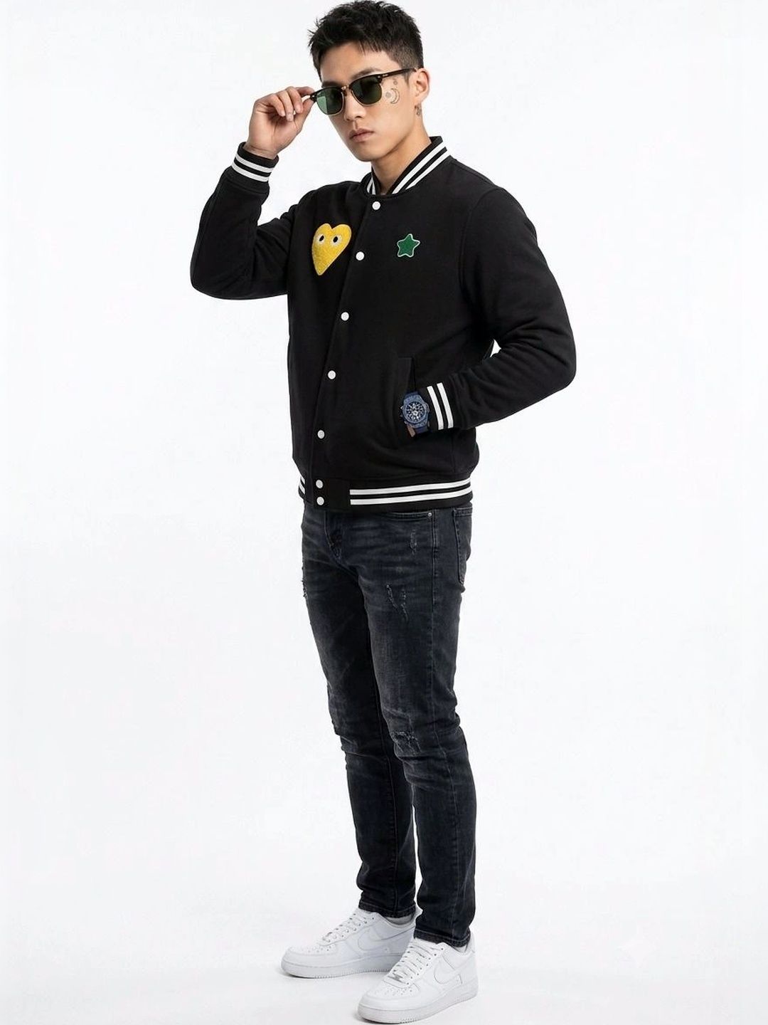 oiin Men Fleece Blend Varsity Jacket with Patchwork-picture-15