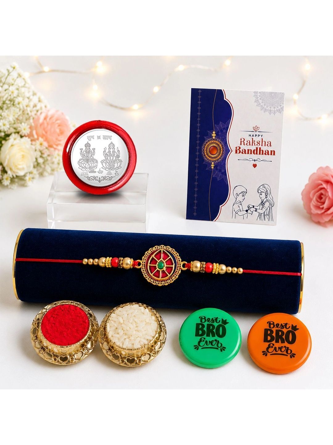 Myntra Elegant Homes Set of 7 Rakhi Gift Set With Silver Coin, Greeting Card & Roli Chawal-image-35