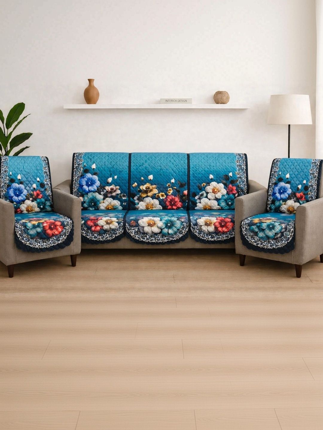 HOUSE OF PANIPAT Blue Printed Sofa Cover Without Arms-image-8