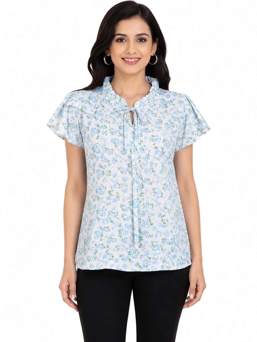 Anvi Fashion Floral Print Tie-Up Neck Flutter Sleeve Ruffles Crepe Top-picture-15