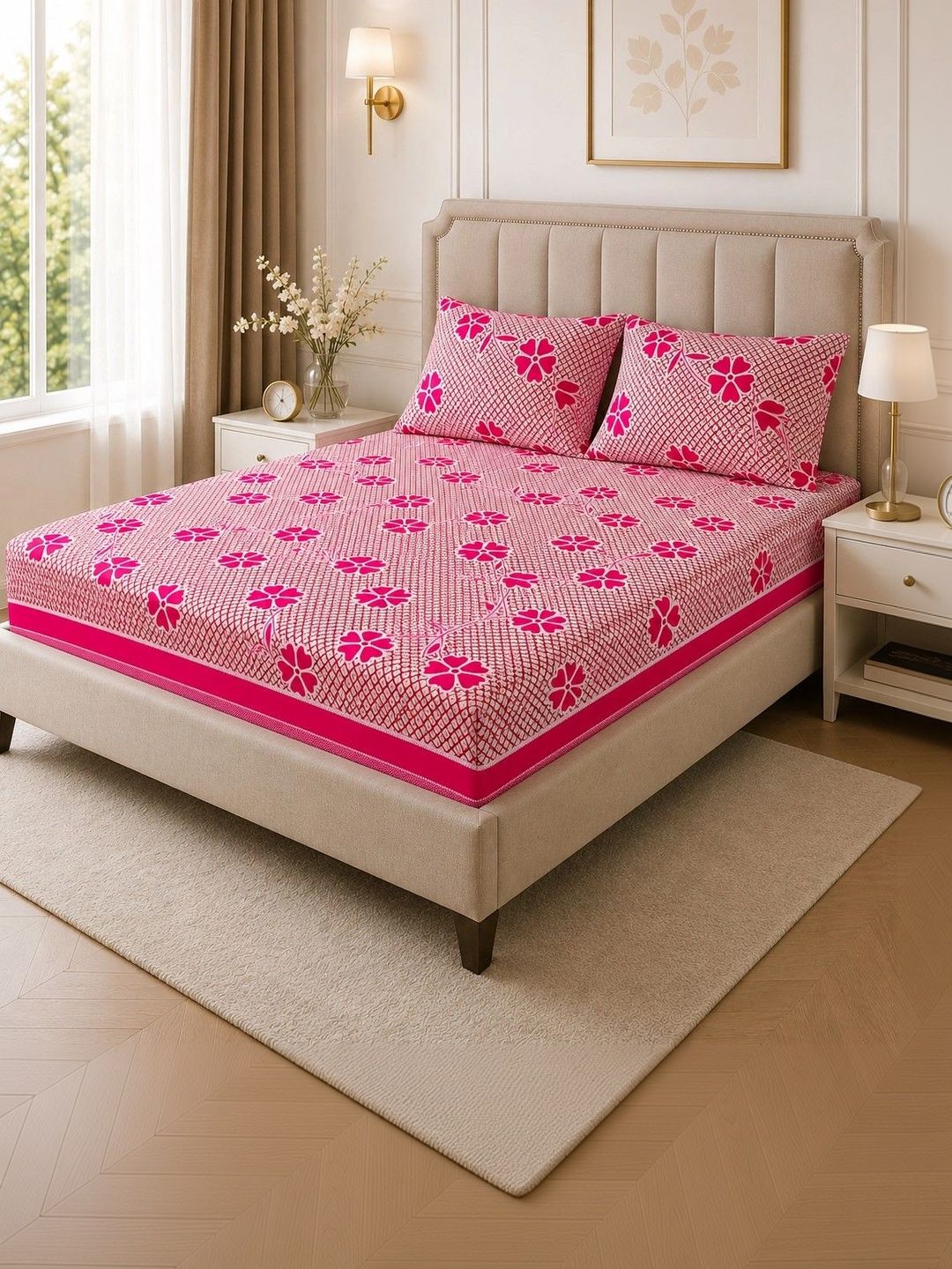 Myntra Elegant Homes Pink & White Floral 350 TC King Bedsheet with 2 Pillow Covers