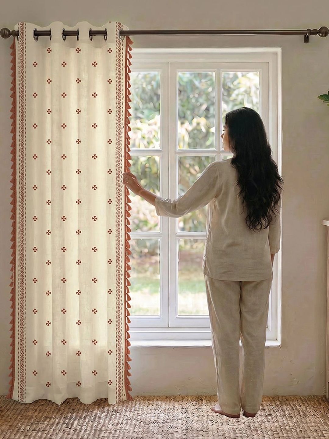 URBAN SPACE Rust & Cream-Coloured Floral Door Curtain-image-25