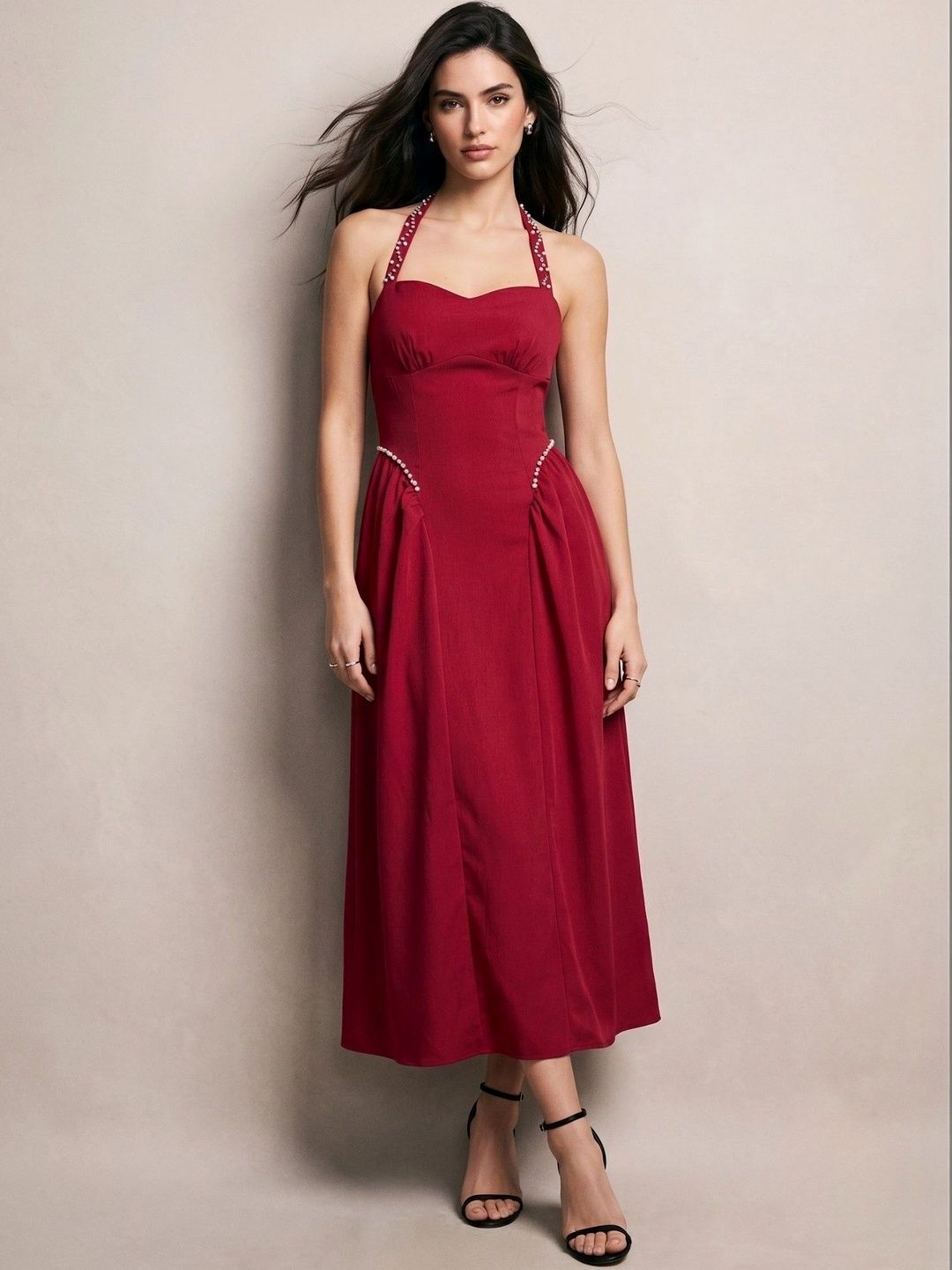 Outzidr Halter Neck A-Line Midi Dress-picture-13