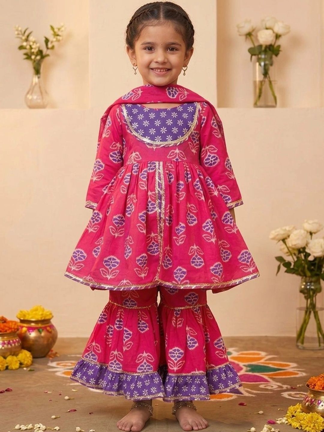 chirpytroops Girls Floral Printed Empire Gotta Patti Pure Cotton Kurta with Sharara & With Dupatta-image-45