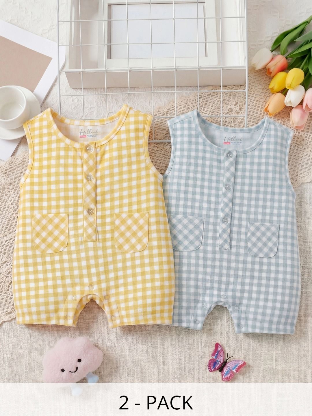 HELLCAT Infants Pack Of 2 Checked Cotton Round Neck Rompers-picture-21