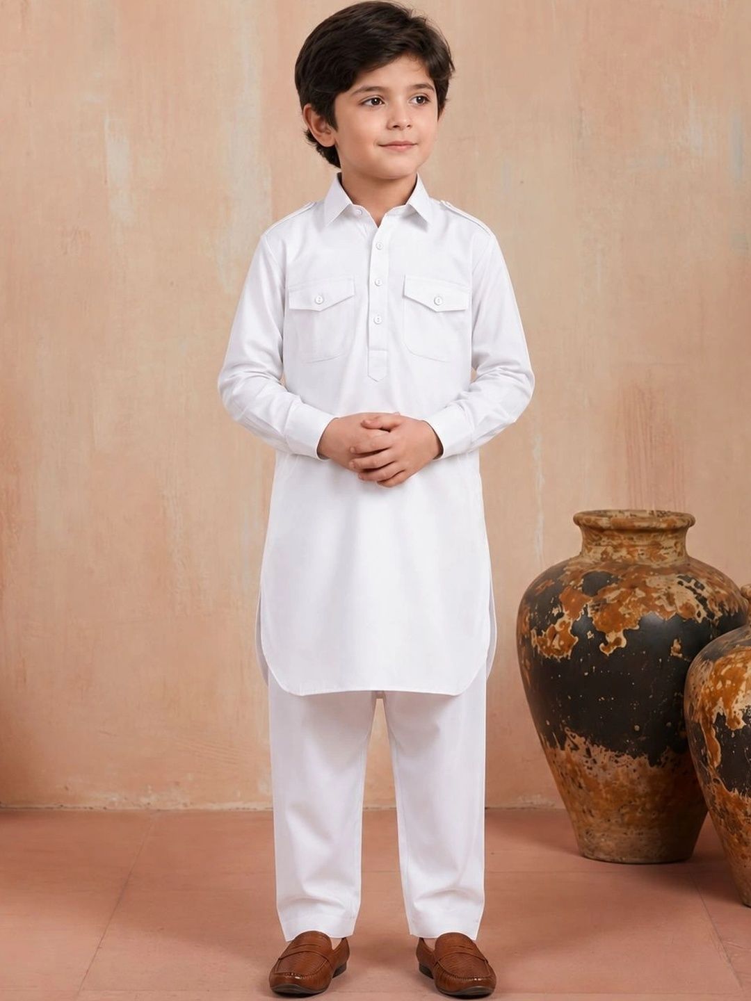 House Of Pataudi Boys White Cotton Solid Pathani Suit Set-image-6