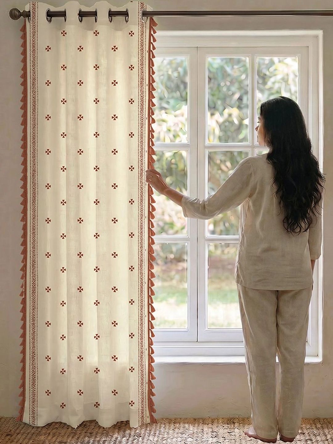URBAN SPACE Rust & Cream-Coloured Floral Long Door Curtain-image-27
