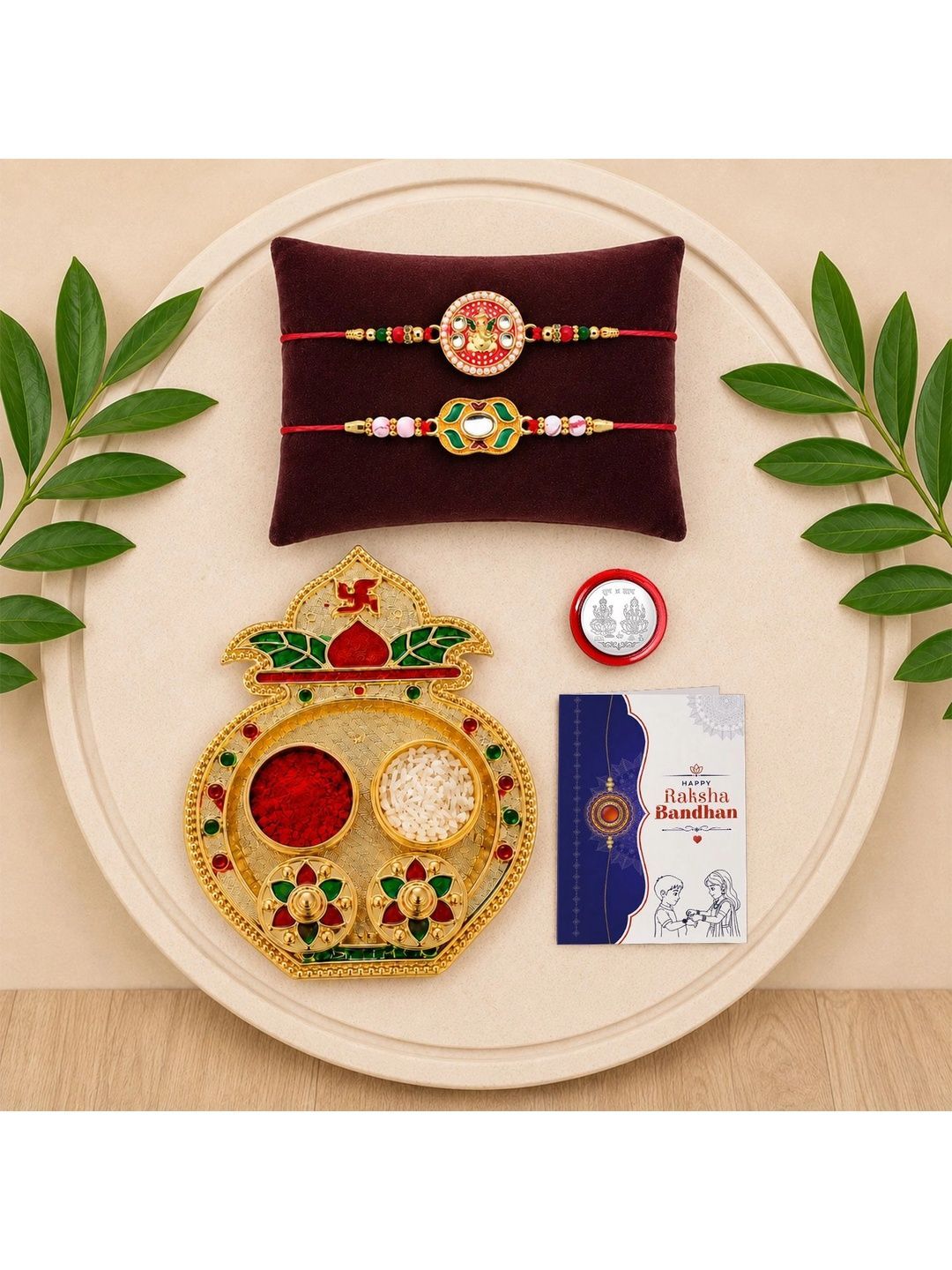 Myntra Elegant Homes Set of 7 Rakhi Gift Set With Silver Coin, Greeting Card & Roli Chawal-image-14