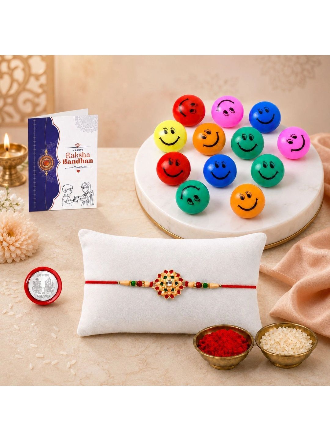 Myntra Elegant Homes Set of 17Rakhi Gift Set With Silver Coin, Greeting Card & Roli Chawal-image-40