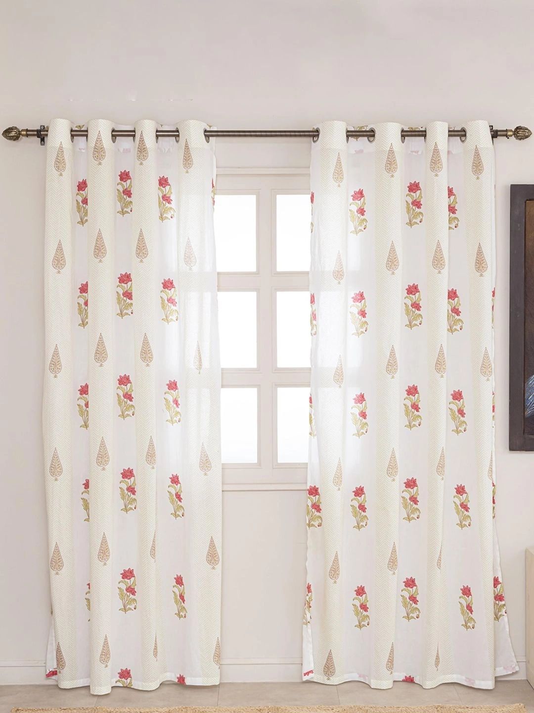 Aura Off White & Red Set of 2 Floral Sheer Door Curtain-picture-54
