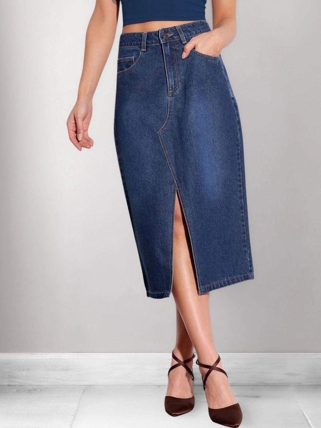 Miss Chase Women Denim Front Slit Midi Straight Skirt-image-16