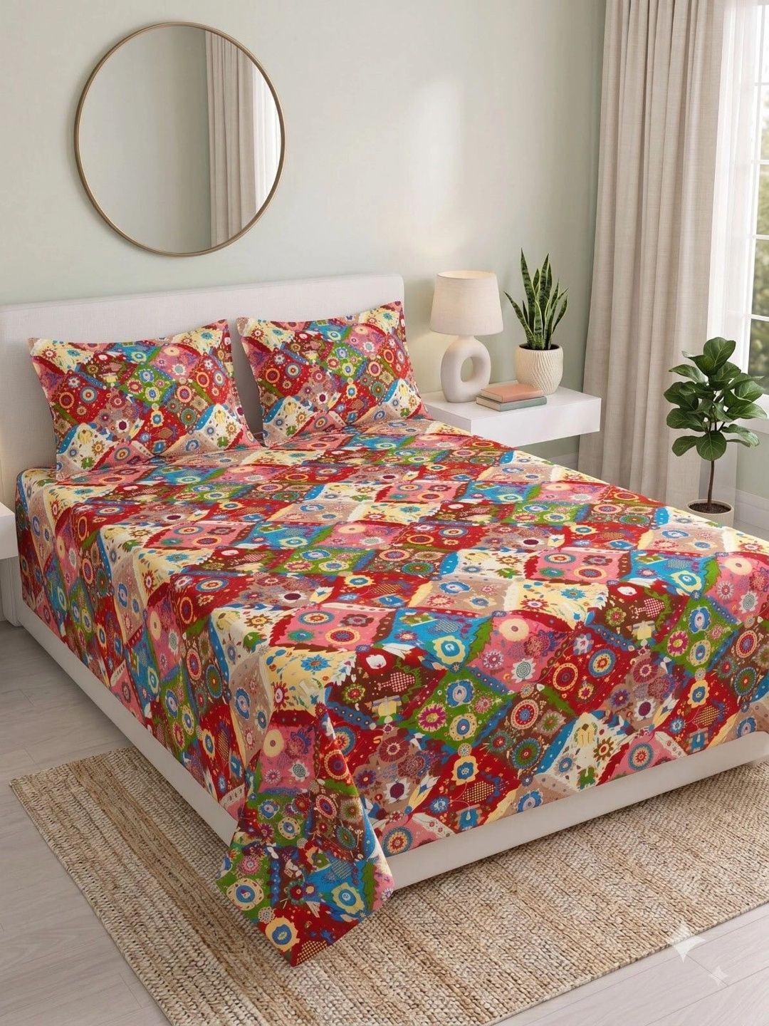 MAFATLAL Green & Red Queen Bedsheet with 2 Pillow Covers-image-3