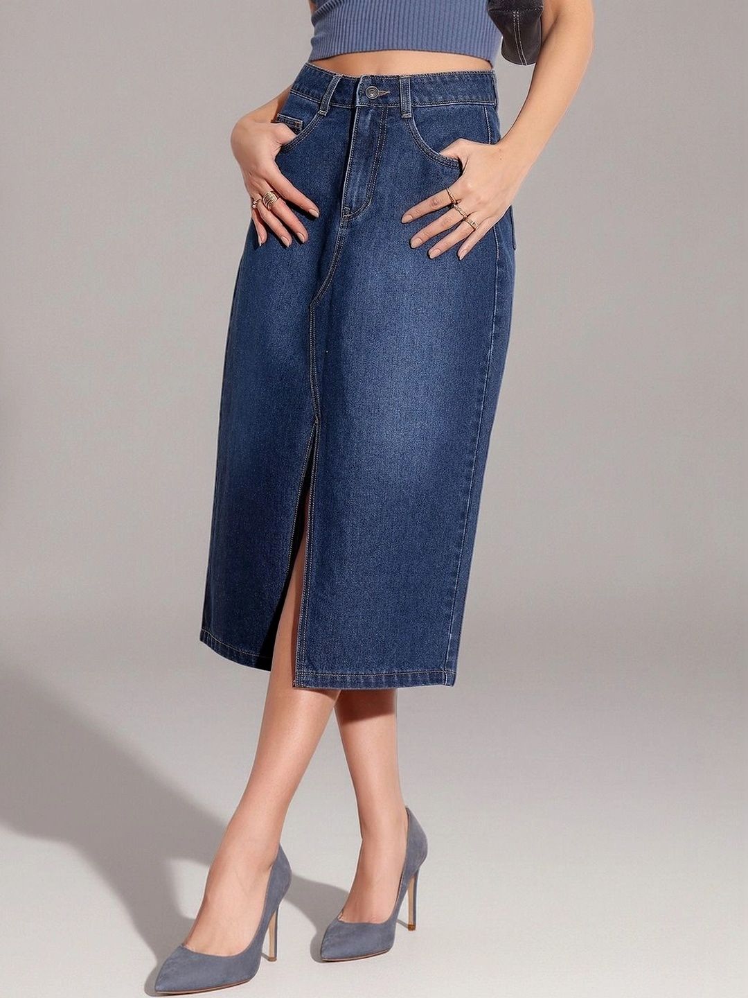 Miss Chase Women Denim Front Slit Midi Straight Skirt-picture-12