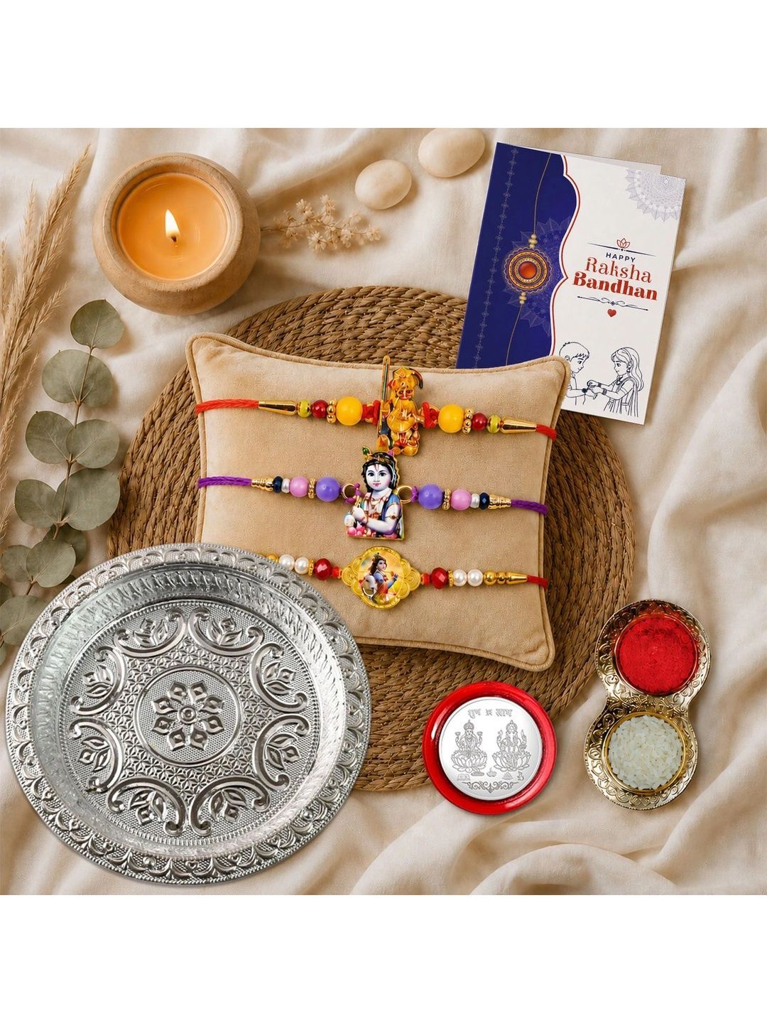 Myntra Elegant Homes Set of 8 Rakhi Gift Set With Silver Coin, Greeting Card & Roli Chawal-image-5