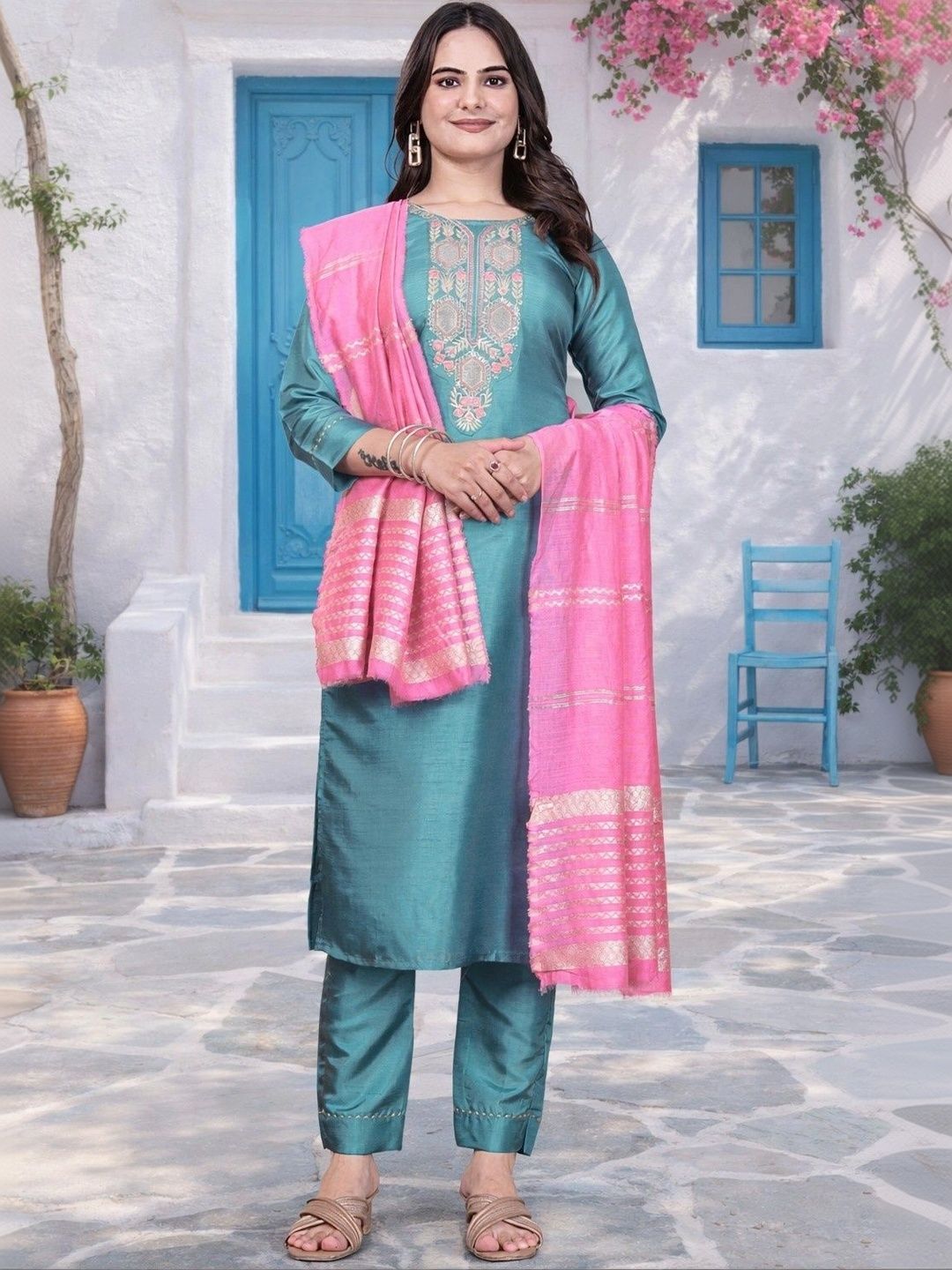 Chandbaali Women Ethnic Motifs Embroidered Regular Thread Work Kurta with Trousers & With Dupatta-picture-15