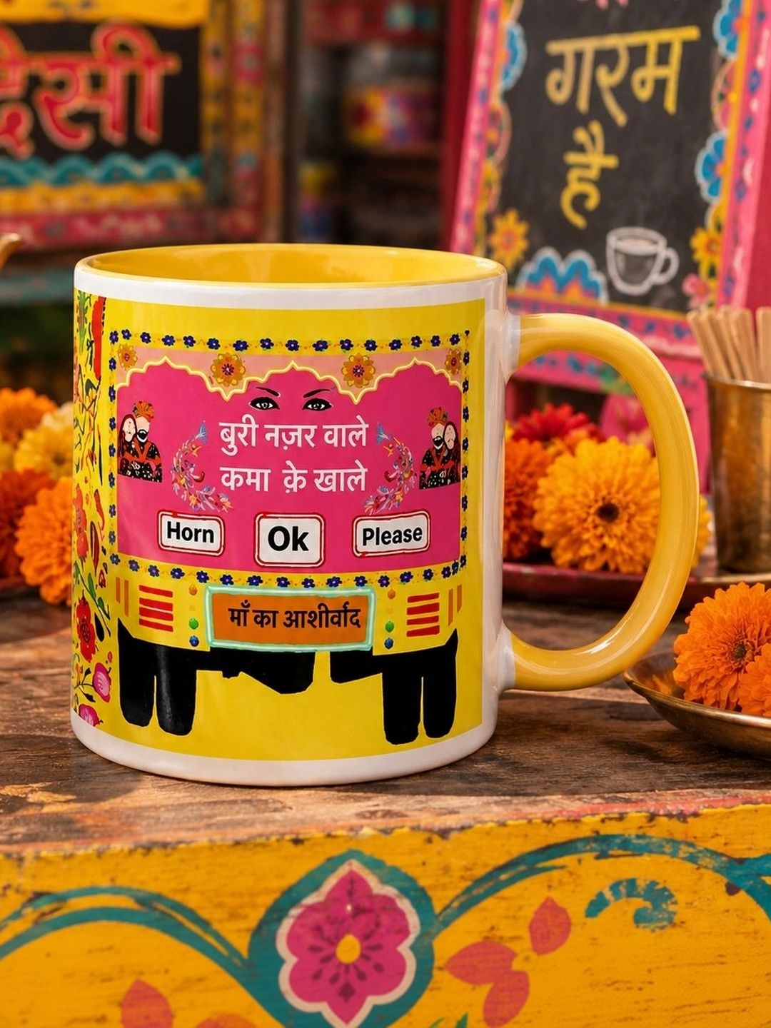 TAJNAN Yellow Printed Ceramic Glossy Mugs Set of Cups and Mugs-picture-32