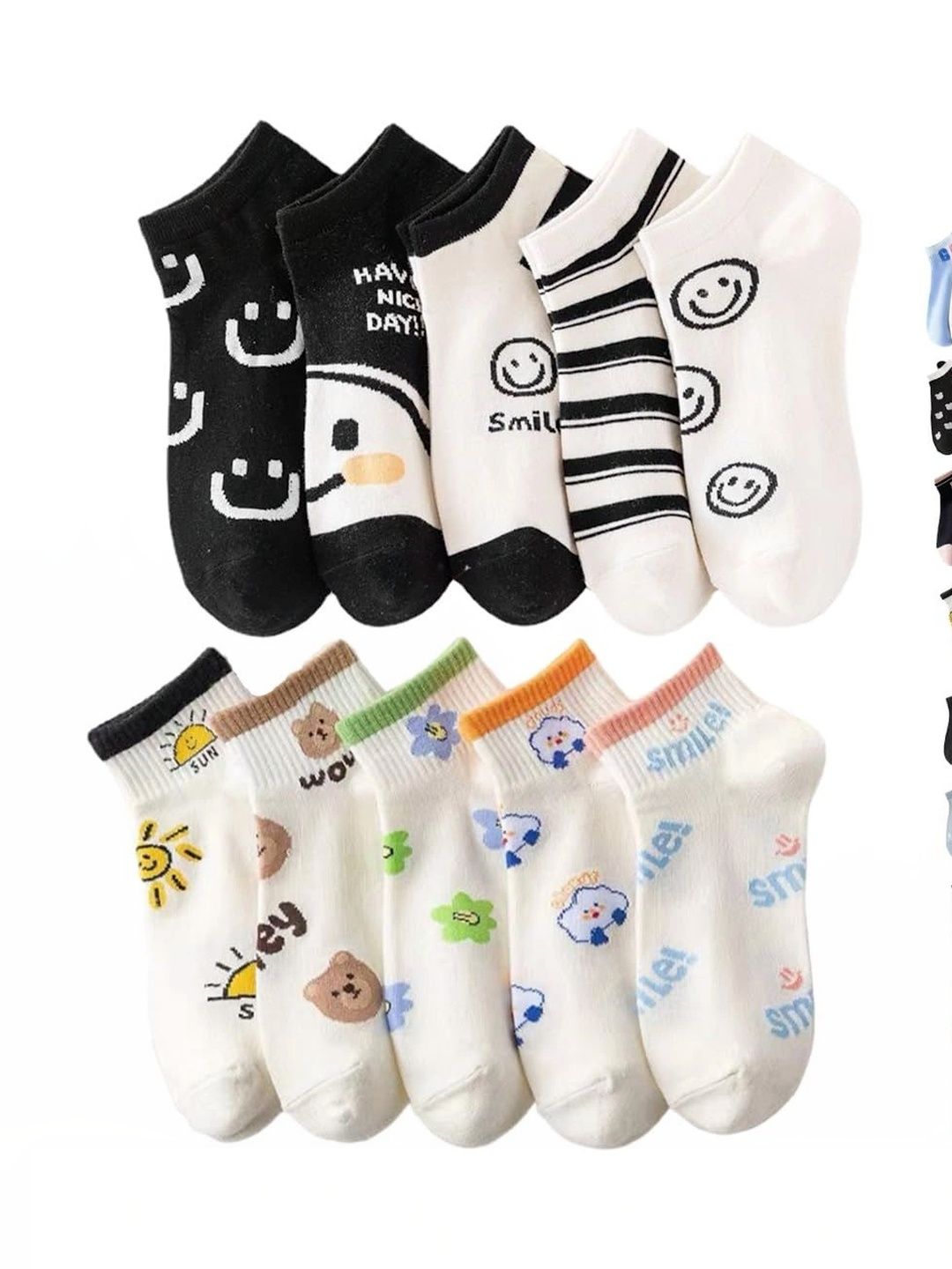 SWEET CABOODLES Women Pack of 10 Cotton Patterned Ankle Length Socks-picture-54