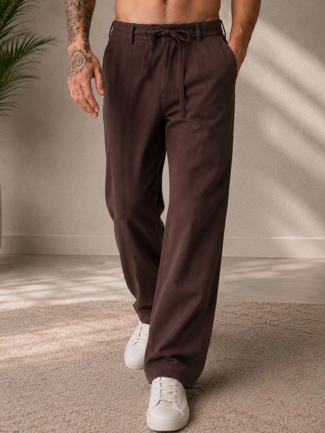 HERE&NOW Men Textured Relaxed Straight Fit Easy Wash Trousers-picture-42