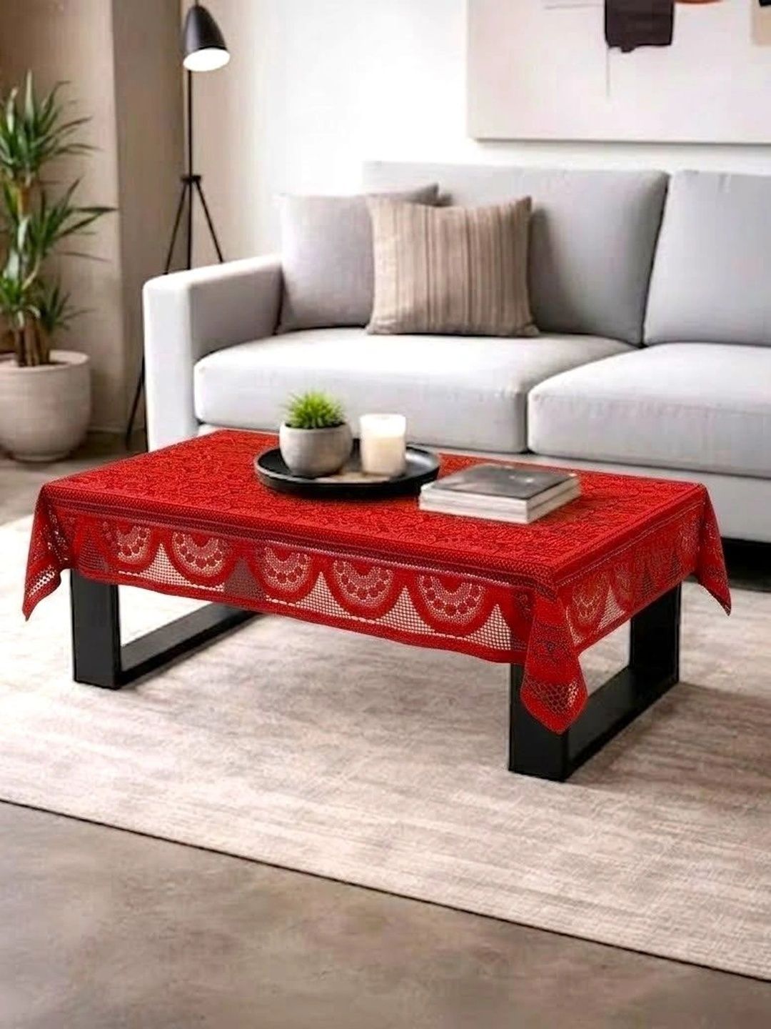 RYKA Maroon Cotton 4-Seater Table Cover with Embellished details-picture-51